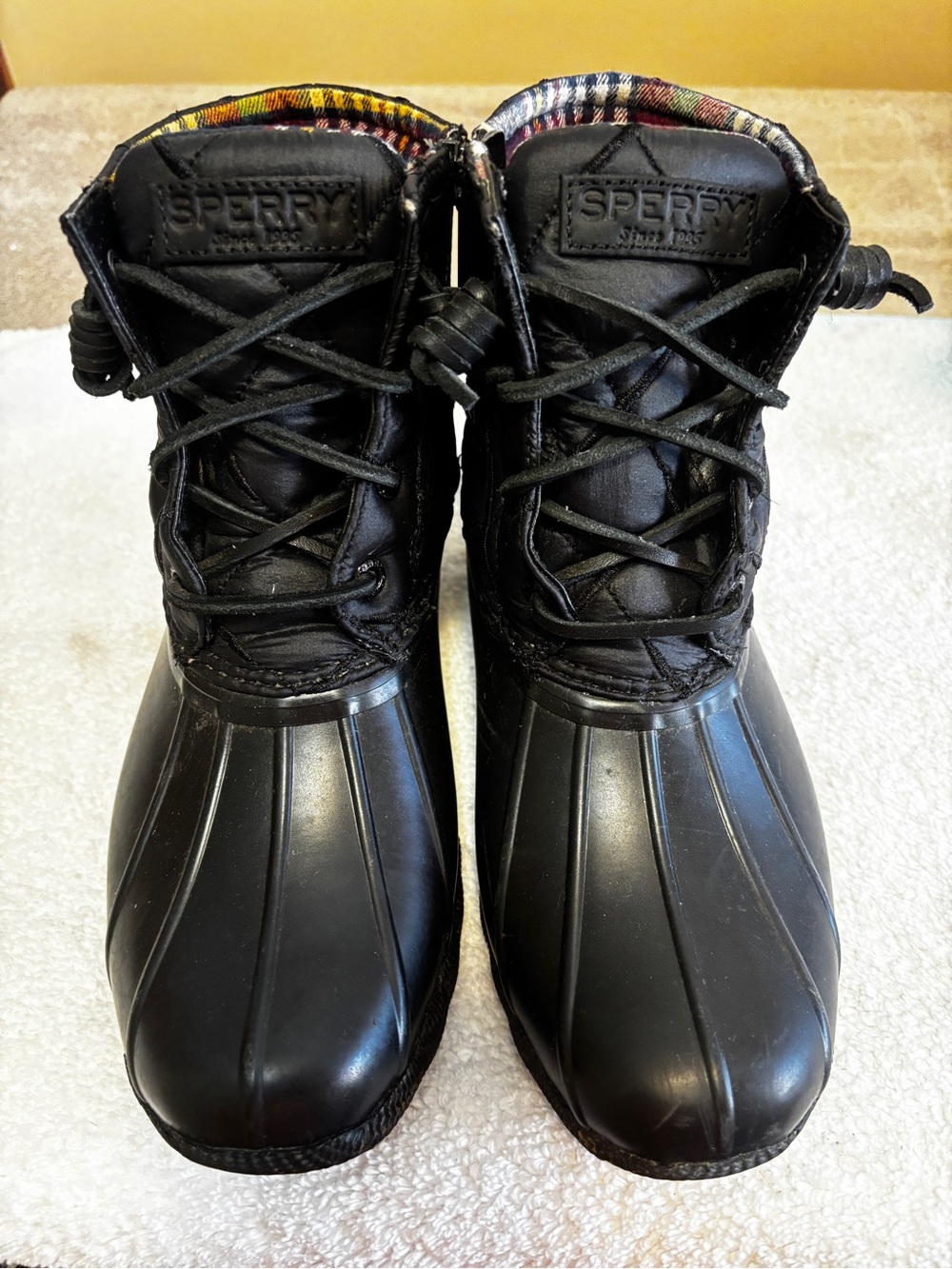 Sperry Black Women's Waterproof Duck Boots with Plaid Trim